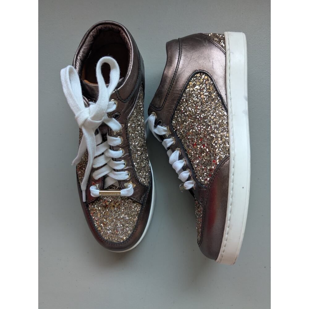 NWD JIMMY CHOO Miami Coarse Glitter Lace-up Sneaker Sz 35 Antique Gold Metallic